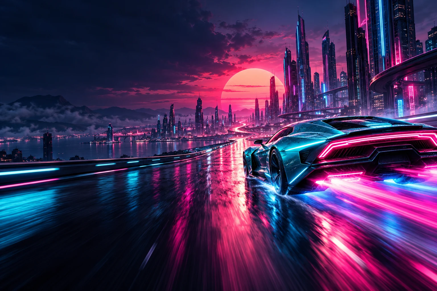 Futuristic sports car racing through a neon city