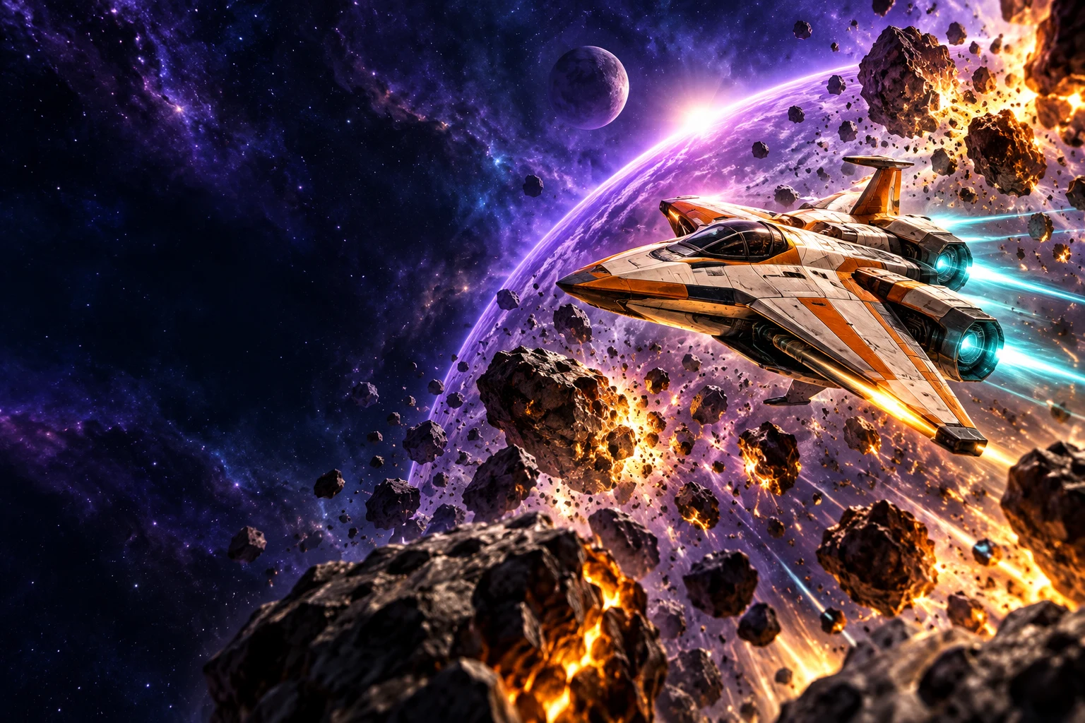Orbit Breaker spacecraft above a violet planet
